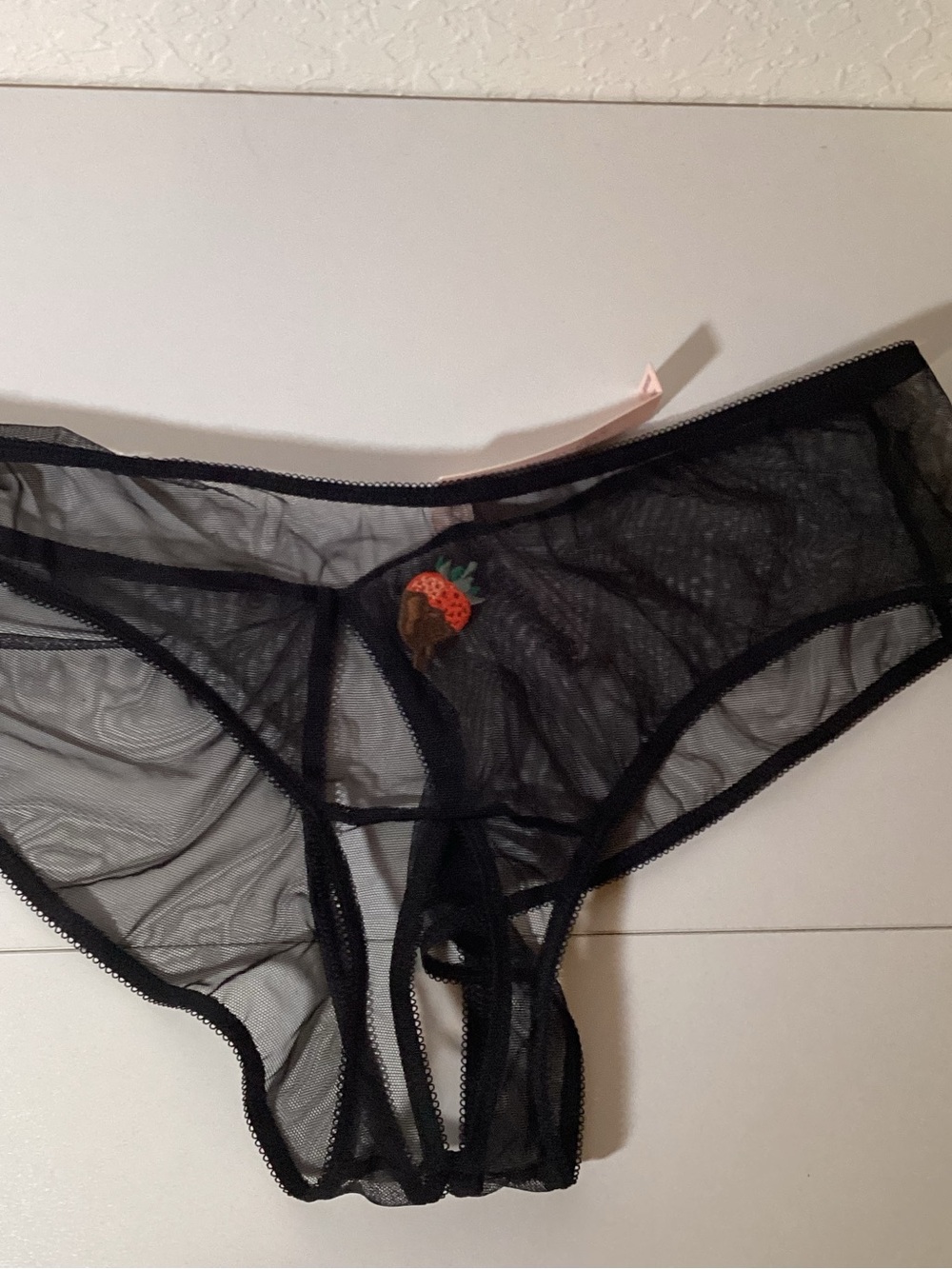 Victoria's Secret Black Sheer Mesh Bikini Panty with Strawberry Patch